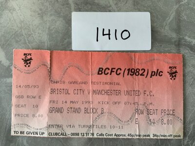1993 Bristol City v Manchester United Football Ticket: Chris Garland testimonial dated 14 5 1993 in good condition with folding. Counterfoil still attached.