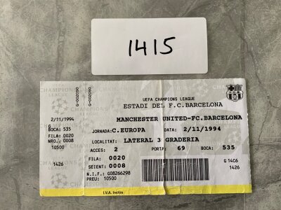 1994 Barcelona v Manchester United Football Ticket: Champions League match dated 2 11 1991 with tearing.