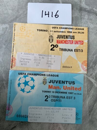 Juventus v Manchester United Football Tickets: Champions League matches dated 11 9 1996 + 10 12 1997 in good condition. (2)