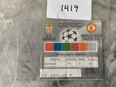 1998 Monaco v Manchester United Football Ticket: Champions League match dated 4 3 1998 in good condition with some creasing.