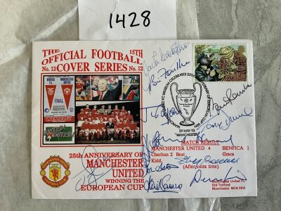 1968 Manchester United European Cup Winners Signed FDC: 25th anniversary first day cover celebrating beating Benfica at Wembley. Hand signed by Dunne Law Brennan Sadler Herd Foulkes Charlton Crowther Aston Kidd and Rimmer.