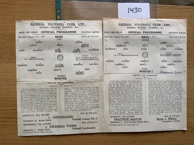 WITHDRAWN AS SAME LOT AS 1456 -  1947 - 1948 Arsenal Practice Match Football Programmes: Both single sheets dated 9 + 16 August in good condition with numbers written. Folds.