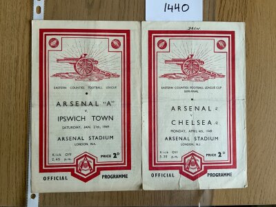 1948 - 1949 Arsenal Home Eastern Counties Football Programmes: Both standard format v Ipswich 27/1 ECL good and Chelsea ECL Cup semi final. Fair. (2)