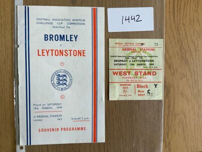 1949 FA Amateur Cup Semi Final Football Programme + Ticket: Bromley v Leytonstone played at Arsenal both in good condition. (2)