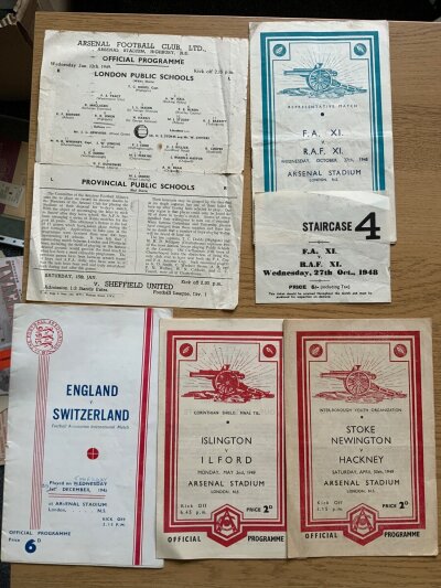 1948 - 1949 Football Programmes + Ticket At Arsenal: FA X1 v RAF programme and ticket then programmes for London Public Schools v Provincial Public Schools single sheet. Islington v Iford, Stoke Newington v Hackney, England v Sweden. C/W 2 Olympic football programmes and one ticket. Good. (9)