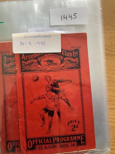1935 - 1936 Arsenal Home Football Programmes: All 21 home matches and FA Cup matches v Newcastle and Barnsley from the season Arsenal went on to win the FA Cup. Includes champions Sunderland plus Leeds and more. Good. (23)