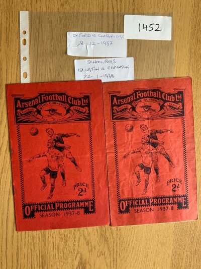 Arsenal 1937 - 1938 Football Programmes At Arsenal: Oxford v Cambridge and Islington v Edmonton Boys. Both good with rusty staples. (2)