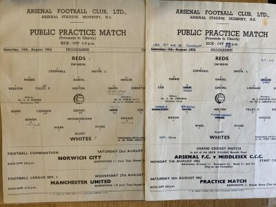 1952 Arsenal Practice Match Football Programmes: Reds v Whites dated 9th + 16th August with the 9th crossed out and new date of 13th hand written. Both single sheets are good with team changes and folding. (2)