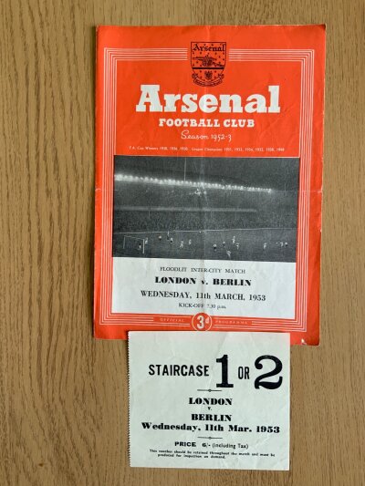 52/53 Football Programme Of Matches At Arsenal: London v Berlin with ticket then just programmes for the Compton Cup single sheet Islington v Edmonton, English Amateur X1, FA Cup replays Ipswich v Bournemouth, West Brom v Chelsea. Also London v West Germany, Arsenal v Middlesex first floodlit cricket match. (12)