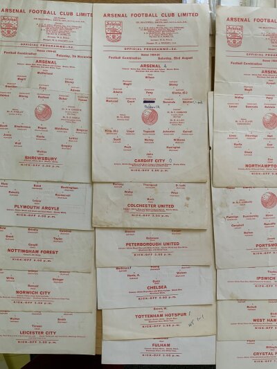 64/65 Arsenal Reserves + Youth Football Programmes: 17 single sheet Football Combination matches. C/W Arsenal U21 v England Youth programme and letter from Dennis Follows offering recipient to officiate the match.