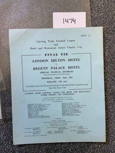 64/65 London Hilton v Regent Palace Football Programme: Catering final played at Arsenal on 22 4 1965.  Excellent condition with team changes.
