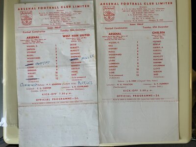 66/67 Arsenal Reserve Home Football Programmes: Single white cards and possibly complete. 16 Combination matches and 3 Combination Cup. Additionally there are duplicate programmes v Chelsea and Arsenal which have the rare survey attached to bottom. Good. (21)