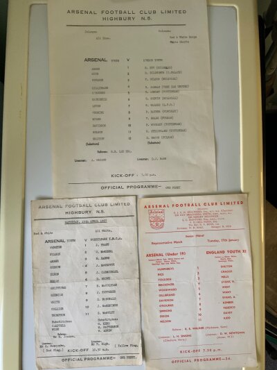 66/67 Arsenal Home Youth Friendly Football Programmes: Different format single sheets v Possilpark YMCA, England Youth and London Youth. Good. (3)