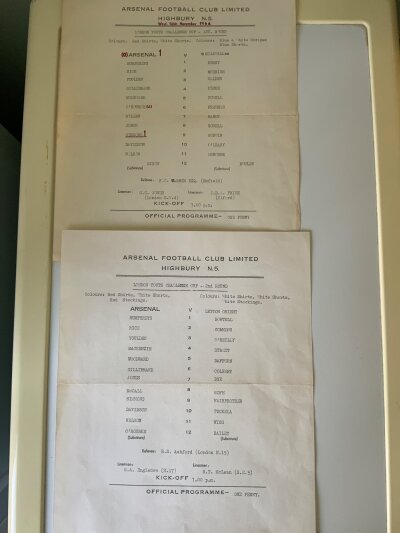 66/67 Arsenal Youth Home Football Programmes: London Youth Cup v Orient, Millwall, semi final v Tottenham, FA Youth Cup v Charlton Southampton, Metropolitan League Cup semi final v West Ham and LCC v Brentford. All good condition single sheets. (7)