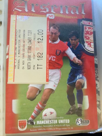 95/96 Arsenal Home Football Programmes Tickets + Reserves: 27 first team programmes with all accompanying tickets plus 22 single sheet non 1st team programmes. There are many 1st X1 team sheets also. C/W London Schools final Islington v Hackney and Paul Merson testimonial memorabilia including a signed programme.