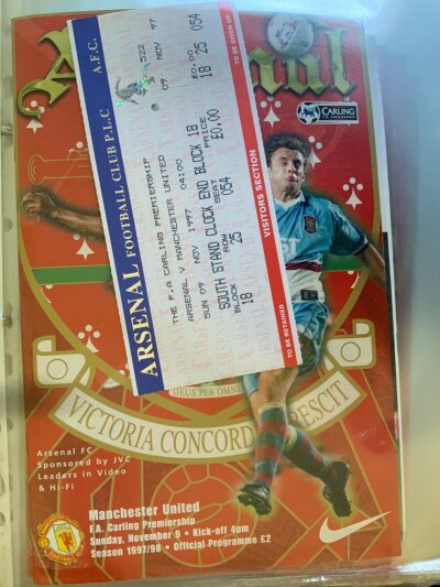 97/98 Arsenal Home Football Programmes Tickets + Reserves: 26 first team programmes with all accompanying tickets plus 25 single sheet non 1st team programmes including Swindon and Millwall played at Enfield. There are many 1st X1 team sheets also. C/W SJFC final programme + ticket v QPR, Islington Gazette final,