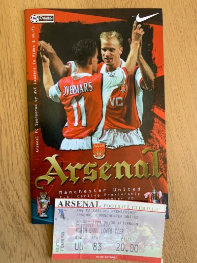 98/99 Arsenal Home Football Programmes Tickets + Reserves: 26 first team programmes with all accompanying tickets including Manchester United in their treble season plus 21 single sheet non 1st team programmes with some at London Colney and Borehamwood. There are many 1st X1 team sheets also. C/W Fred Street testimonial dinner, Heinz Ketchup final and more.