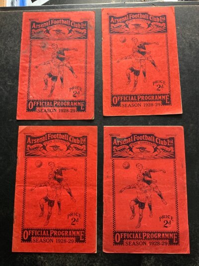 1928 - 1929 Arsenal Home Football Programmes: League division one matches v Birmingham Blackburn Bolton Aston Villa. Fair/good with either staples rusty or missing. (4)