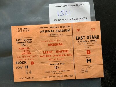 65/66 Arsenal v Leeds United Postponed Football Ticket: Unused ticket with counterfoil attached for match dated 9 4 1966. The match played in the next month was the lowest attendance at Highbury for a first team league match.