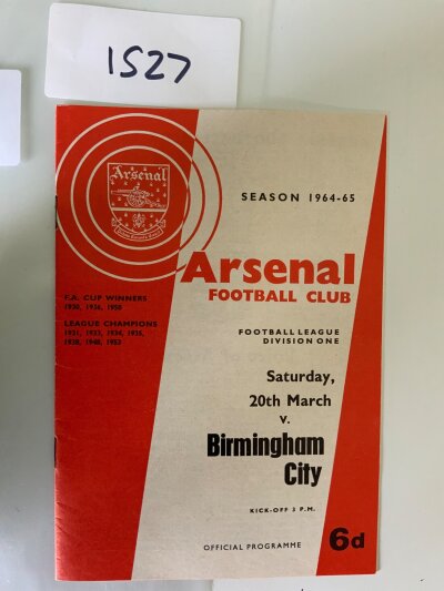 64/65 Arsenal v Birmingham City Postponed Football Programme: Excellent condition league match with no writing dated 20 3 1965.