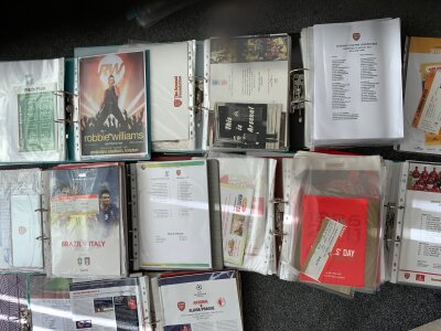 Arsenal Home Reserve Youth + Team Sheet Football Programmes: A possible complete run from 2000/2001 to 2025/2026. Includes away programmes and tickets for tournaments to include Checkatrade trophy, Papa Johns Trophy, U21, Dubai Cup, Emirates Cup and more. Team sheets could be near complete for home 1st team plus reserves youth etc. There is much more included in these folders with some hard to find items throughout including concerts and other matches at Highbury or the Emirates. (26 seasons)