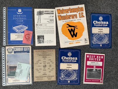 Arsenal Away FA Youth Cup Football Programmes: Semi finals at 58 61 65 Chelsea, 66 QPR, 59 West Ham, 71 Cardiff final with ticket, Wolves, 65 Everton with ticket. Many more through to recent to include some more tickets. (est 50)