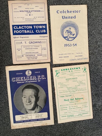 Arsenal Eastern Counties League Away Football Programmes: 48/49 cup v Chelsea fair, 51/52 Clacton, 52/53 Gorleston, 53/54 Colchester. Good unless stated. (4)