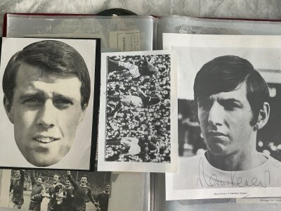 England 1966 World Cup Winners Signed Football Pictures: Various sizes which magazine pictures often in club kit of all 11 players plus Wolstenholme and Ramsey. There are 40 in total which include a few small pictures which have been previously stuck down.
