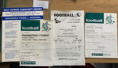 Arsenal Away FA Cup Railway Hand Bills: Includes 64/65 Darlington, 66/67 Bolton, Bristol Rovers, 67/68 Swansea with songsheet, 68/69 West Brom, 71/72 Derby. Good. (7)