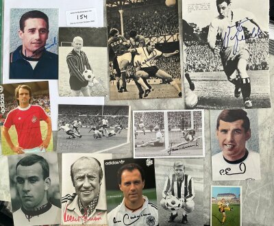 1966 Germany World Cup Player Autographs: Includes Tilkowski Seeler Held Haller Weber Beckenbauer and also Rummenigge plus more. Mostly on magazine pictures or photos. (13)