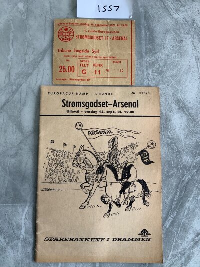 71/72 Stromsgodset v Arsenal Football Programme + Ticket: Excellent condition programme for European Cup match with one team change. Ticket is good with folding. (2)