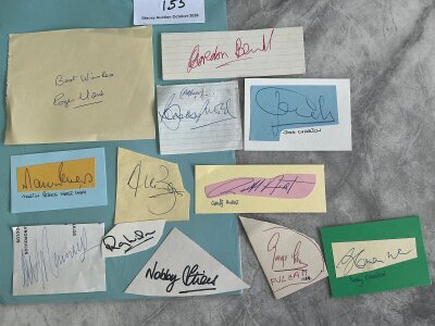 England 1966 World Cup Winners Signed Cards: Autographs of all 11 winning players plus Ramsey. Signatures are on different colour cards with some being on lined paper. Rushed autographs of Cohen and Ramsey but others clear. (12)