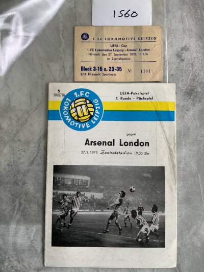 78/79 Lokomotive Leipzig v Arsenal Football Programme + Ticket: UEFA Cup programme and ticket both good with creasing. (2)
