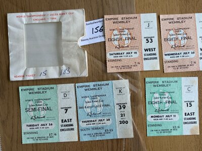 1966 World Cup Football Tickets: Includes opening match England v Uruguay, England v Mexico, England v France, England v Portugal, Portugal v Russia play off. C/W paper ticket holder
