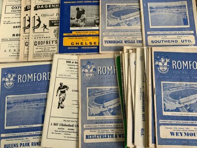 Romford 1960s Football Programmes: Mainly early to mid 60s homes to include 62/63 Southend, 63/64 QPR, 64/65 Chelsea. Over 30 from the 60s with additionally some mid 70s. Instructions to sell. (Est 45+)