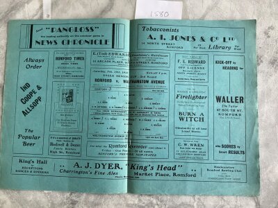 37/38 Romford v Walthamstow Essex Senior Cup Football Programme: Excellent condition programme with no team changes. Score and scorers noted in pencil.