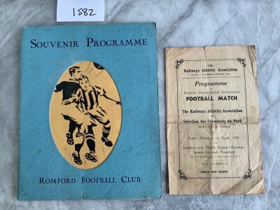 31/32 Romford v Barking Special Edition Football Programme: Card cover on souvenir programme to celebrate the clubs first home match in the Athenian League. Excellent condition with centre page loose. C/W a programme between the English and French Railway played in Romford on 1 4 1929. (2)