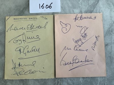 63/64 Manchester United Football Autographs: Two pages removed from autograph book with signatures of Charlton Cantwell Best Crerand Gaskell Setters Law Dunne Herd Foulkes and Chisnall. Rear has 8 Newcastle players.