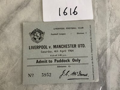 63/64 Liverpool (Champions) v Manchester United Football Ticket: Dated 4 4 1964 the ticket is excellent from the season Liverpool were champions.
