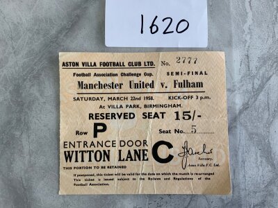 57/58 Fulham v Manchester United FA Cup Semi Final Football Ticket: Played at Aston Villa the ticket has folding.