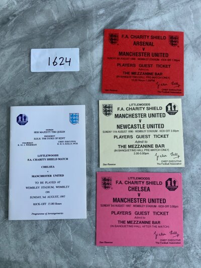 Manchester United Players Guests Charity Shield Football Tickets: Admit to Mezzanie Bar at Wembley for 1996 v Newcastle, 1997 v Chelsea + 1998 v Arsenal. There is also a programme of arrangements for 1997. Excellent. (4)