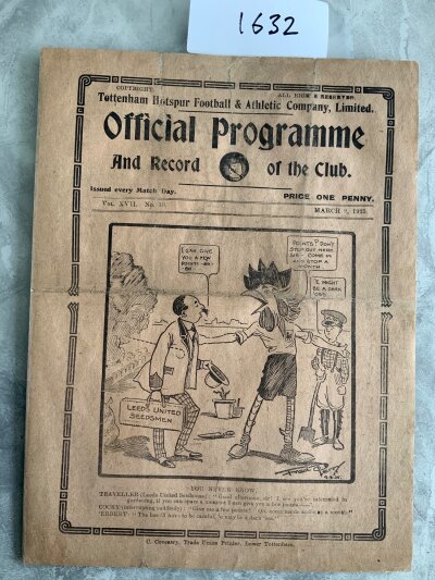 1924 - 1925 Tottenham v Leeds United Football Programme: Good condition league programme with one team change. Professionally repaired.