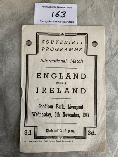 1947 England v Ireland At Everton Football Programme: Good condition with no team changes.