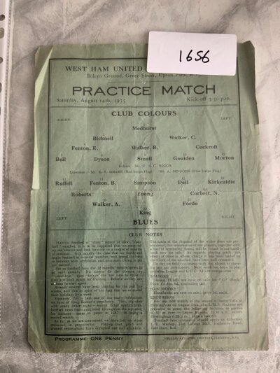 1935 West Ham Public Practice Match Football Programme: Club Colours v Blues single sheet dated 14 8 1935. Good with no team changes. Slight tear to border and folding.