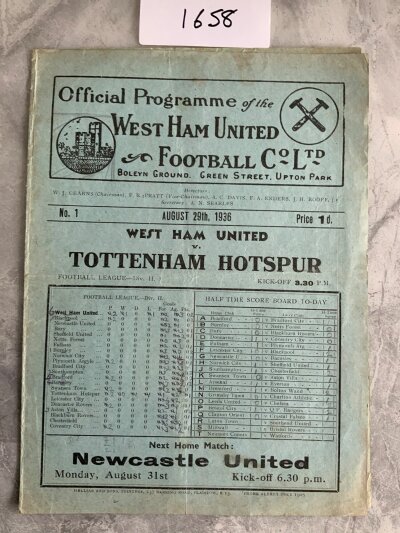 36/37 West Ham v Tottenham Football Programme: Fair/good condition division two programme with no team changes. Wear to edge.