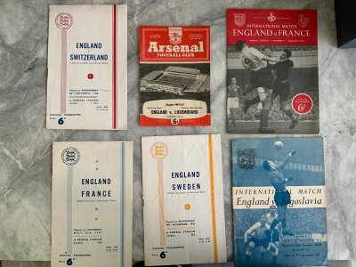 England Full International Football Programmes At Arsenal: 1947 France, Sweden, 1948 Switzerland wof, 1950 Yugoslavia, 1951 France wof, 1961 Luxembourg. Good condition. (6)