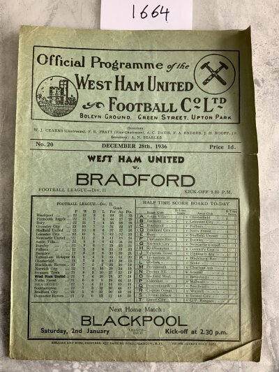 36/37 West Ham v Bradford Park Avenue Football Programme: Fair/good condition division two programme with no team changes.
