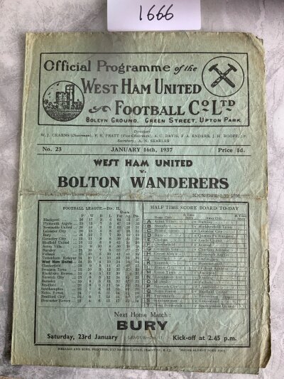 36/37 West Ham v Bolton Football Programme: Fair/good condition FA Cup programme with no team changes. Fold and creasing.