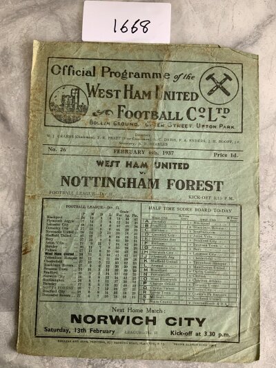 36/37 West Ham v Notts Forest Football Programme: Fair condition division two programme with no team changes. Light staining to cover.