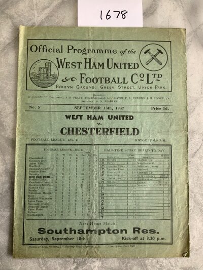 37/38 West Ham v Chesterfield Football Programme: Good condition division two programme with no team changes. Creasing.